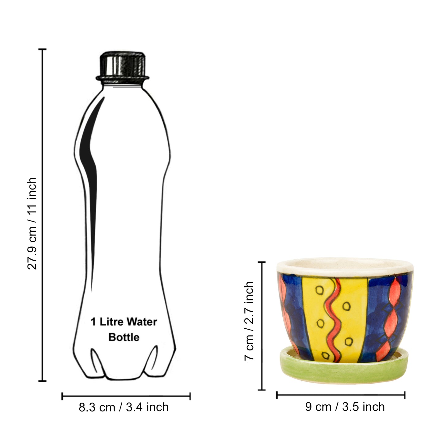 Hand Painted Ceramic Planter Pot with Tray (Multicolor, Diameter - 9 cm, Height - 7 cm) - View 6