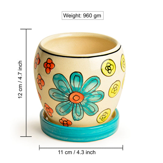 Hand Painted Ceramic Planter Pot with Tray (Multicolor, Diameter - 11 cm, Height - 12 cm) - View 2