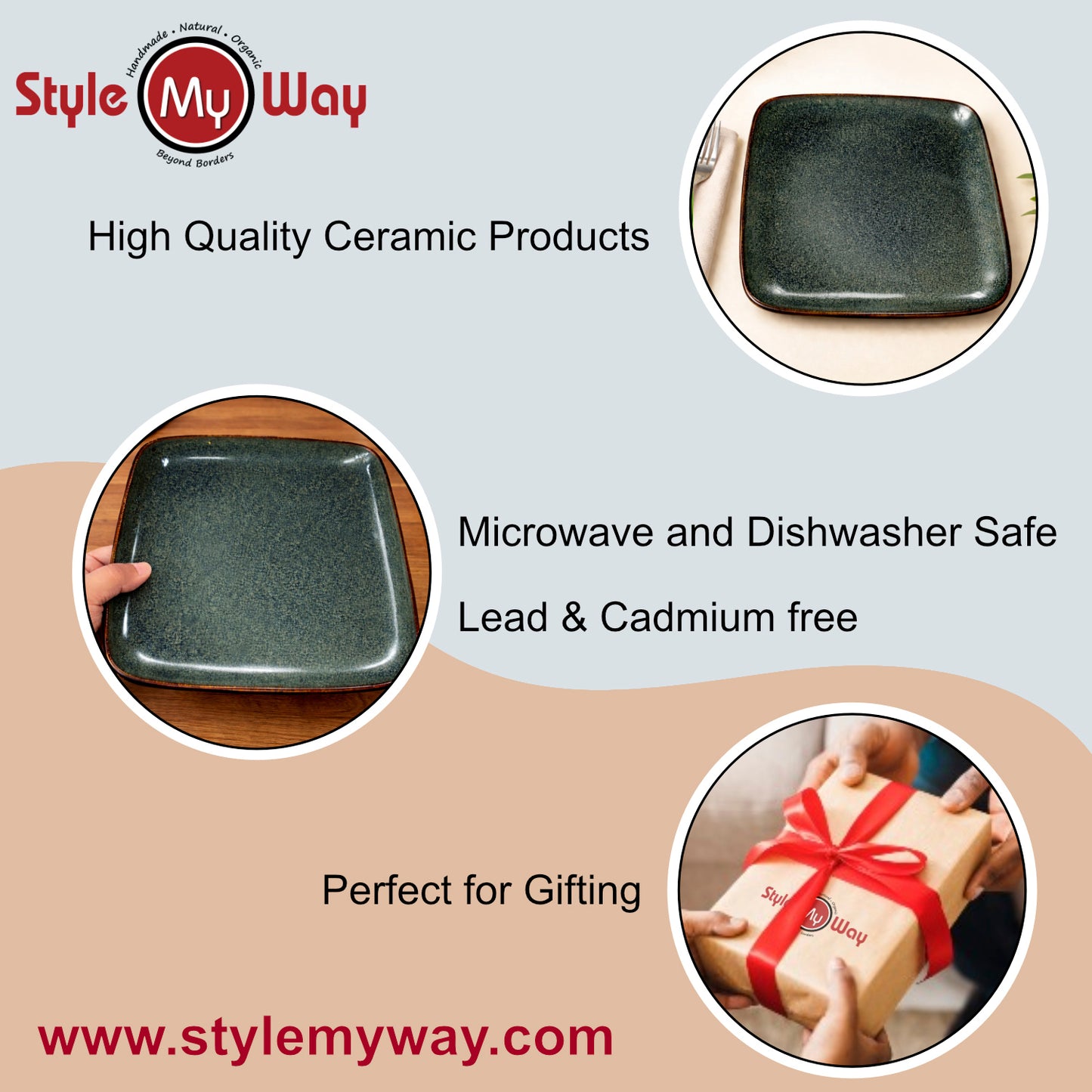 “Dove Blue Symphony Collection” Studio Pottery Ceramic Square Serving Platter (Dove Blue, L X B - 25 cm X 25 cm ) - View 6