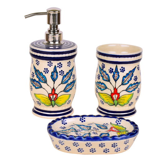 Hand Painted Ceramic Bathroom Set (Blue, 1 Liquid Soap Dispenser, 1 Soap Tray, 1 Toothbrush Holder) - View 2