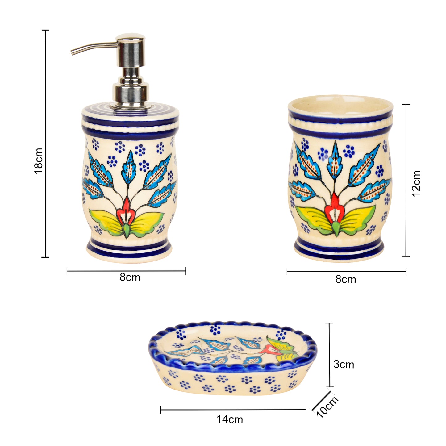 Hand Painted Ceramic Bathroom Set (Blue, 1 Liquid Soap Dispenser, 1 Soap Tray, 1 Toothbrush Holder) - View 6