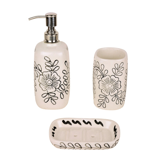 Hand Painted Ceramic Bathroom Set (White , Black,1 Liquid Soap Dispenser, 1 Soap Tray, 1 Toothbrush Holder) - View 2