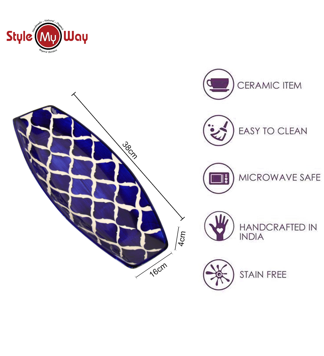 Hand Painted Ceramic Serving Platter (Blue, L x B – 38 cm x 16 cm) - View 5