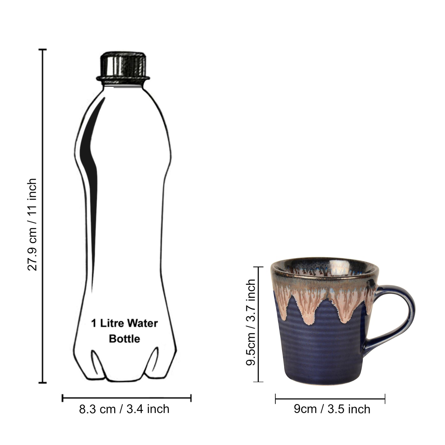 Studio Pottery Flow Design Ceramic Coffee Mugs (300 ml each, Set of 2, Blue) - View 6