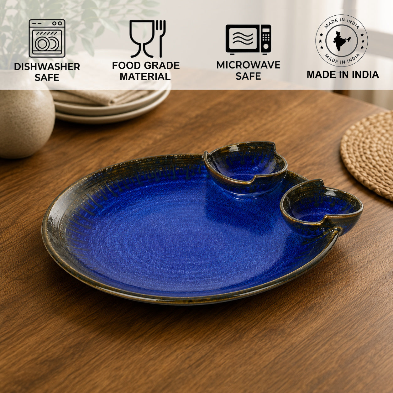 “Luxurious Midnight Blue” Ceramic Chip and Dip Platter with 2 fixed Dip Bowls (Pussian Blue , 12 inches , 1200 gm)