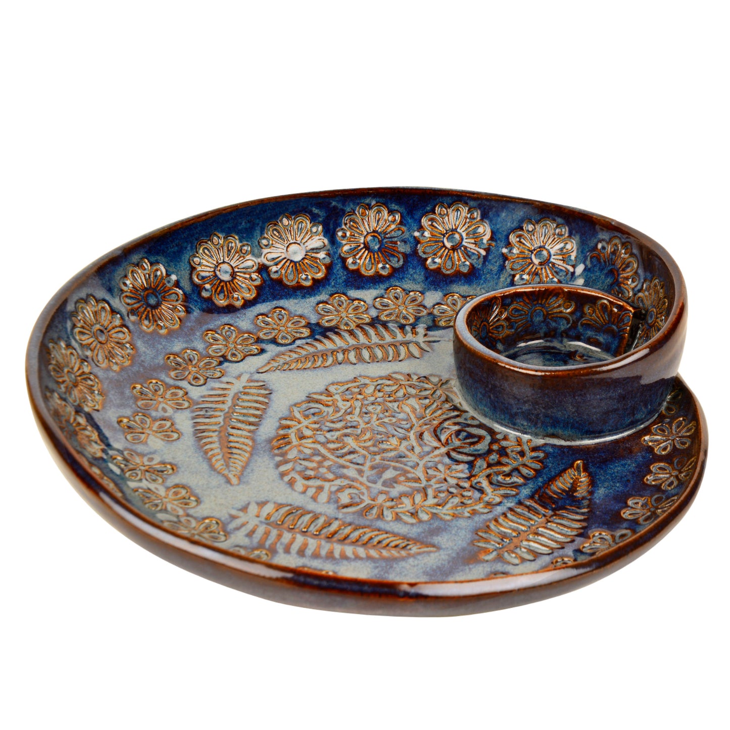Luxurious Hand Embossed Ceramic Chip and Dip Platter with Fixed Dip Bowl ( Dove Blue , 12 inches , 1400 gm) - View 4