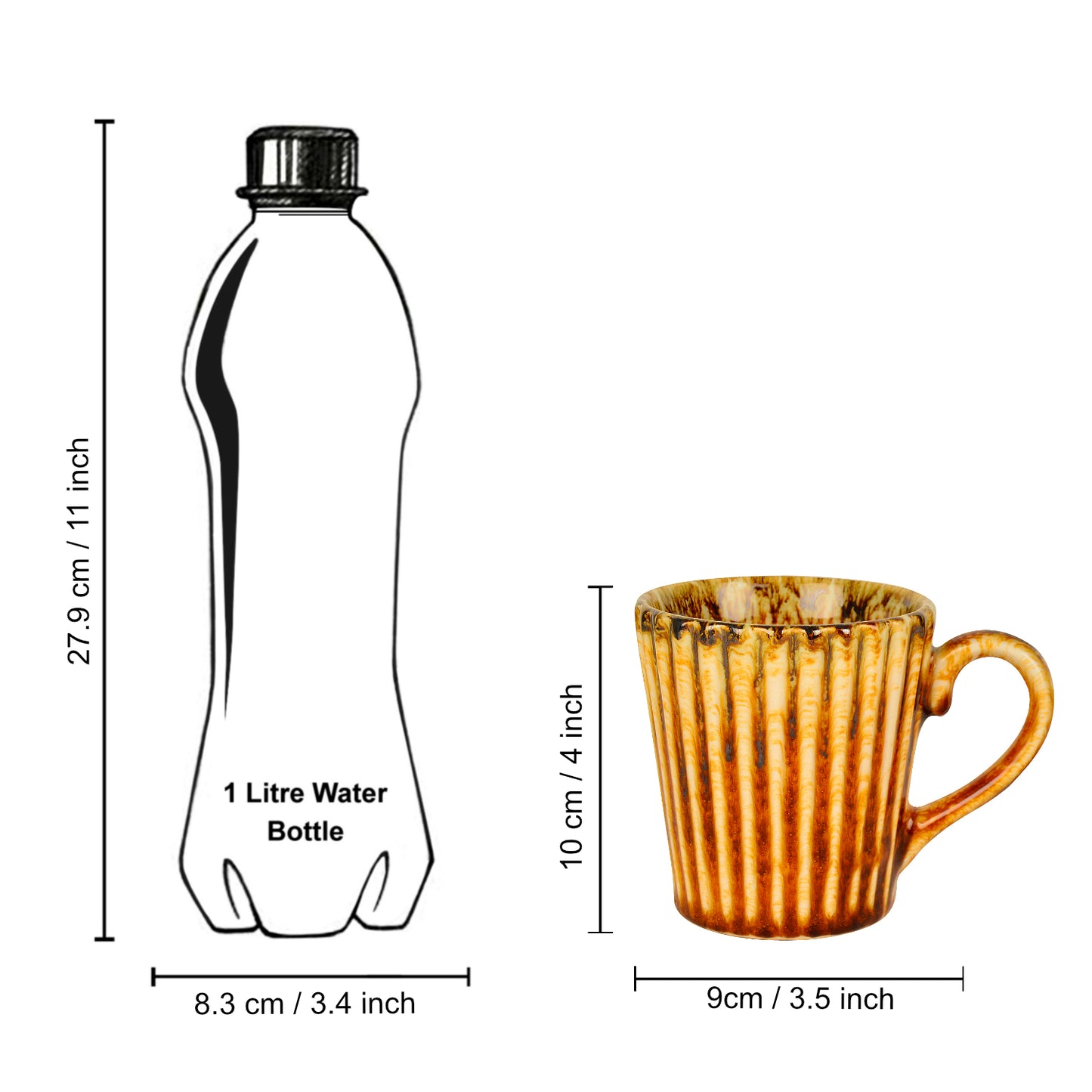 Ceramic Ribbed Coffee Mugs (300 ml each, Set of 2, Brown) - View 6