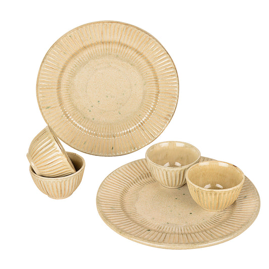 “Dazzling Riviera” Ribbed Ceramic Dinner Serving Plates with 4 Dinner Bowls (Set of 6, Ivory , Plate Diameter – 10 inches) - View 2