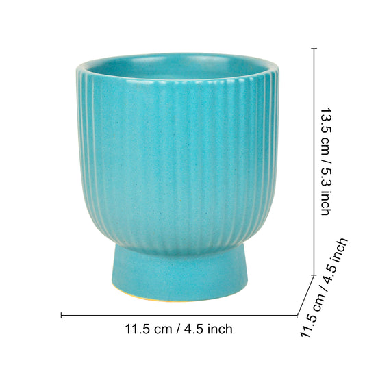 Ribbed Ceramic Planter Pot (Blue, Diameter – 11.5 cm, Height – 13.5 cm) - View 2