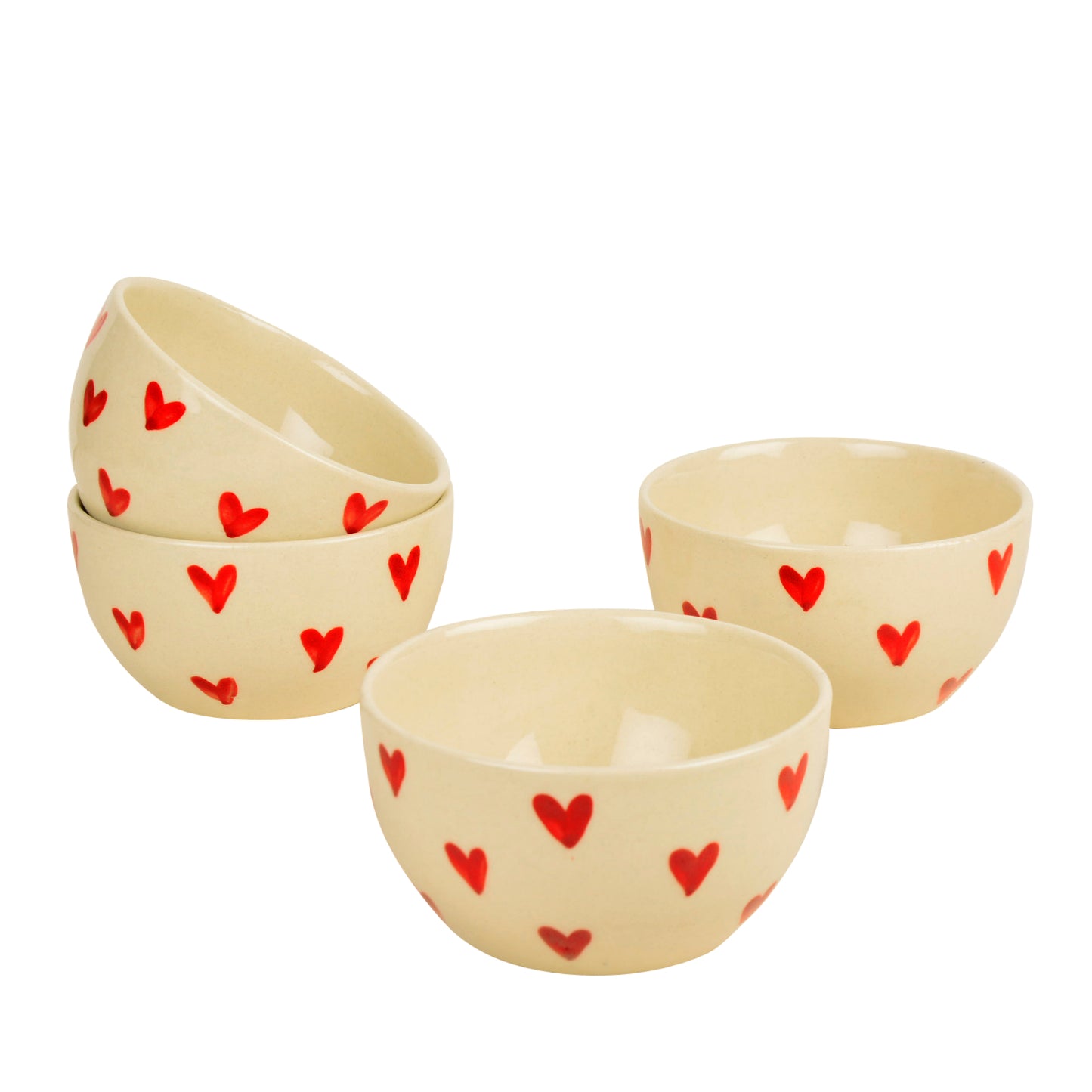 Hand painted Ceramic Dining Bowls (Set of 4, 350 ml each, Off White & Red) - View 4