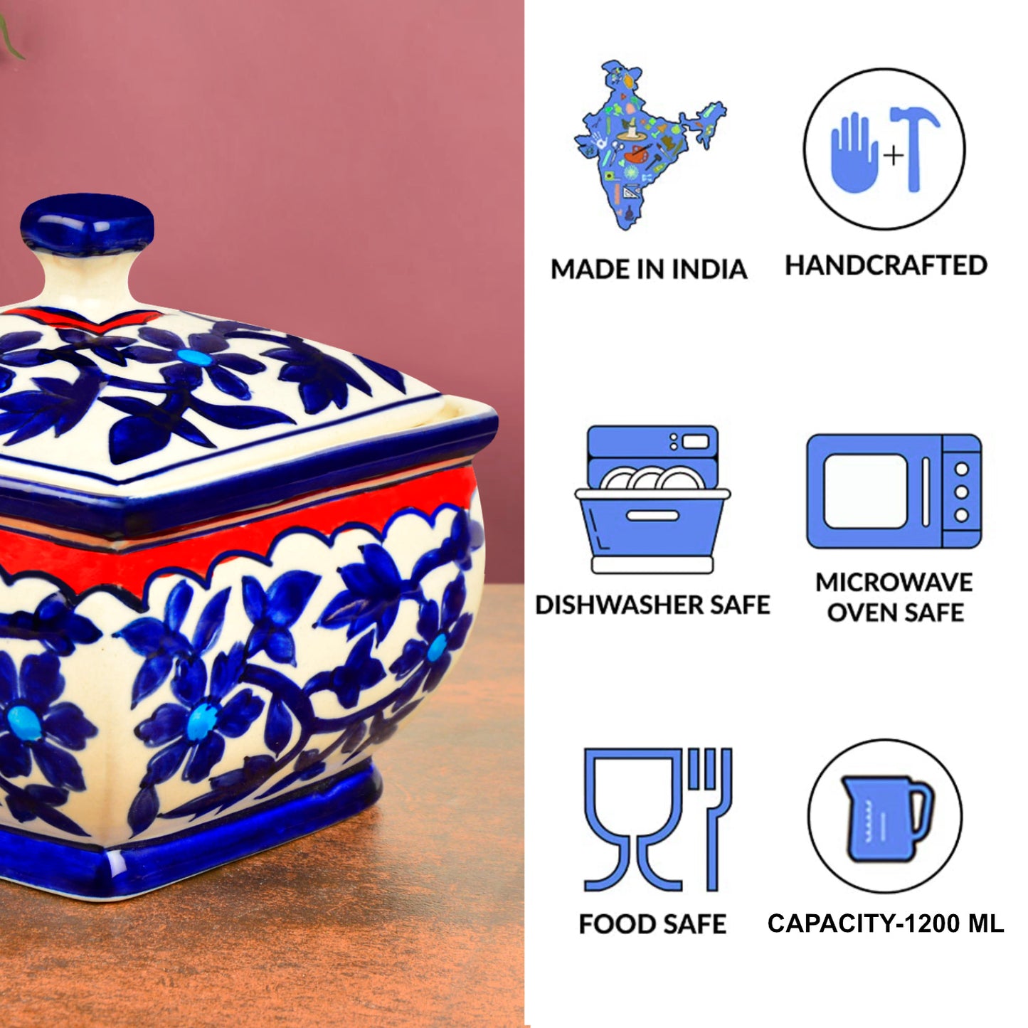 Hand Painted Ceramic Serving Donga with Lid (1200 ml, Blue Mughal Painting) - View 5