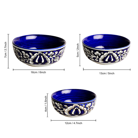 Studio Pottery Handpainted Dinner Serving Bowl Set (Set of 3 , Blue & White, Mughal Floral Painting) - View 2