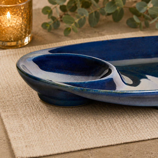 Premium Hand Glazed Ceramic Chip and Dip Platter with Fixed Dip Bowl (Botz Blue, L x B - 28 x 14 cm, 550 gm)