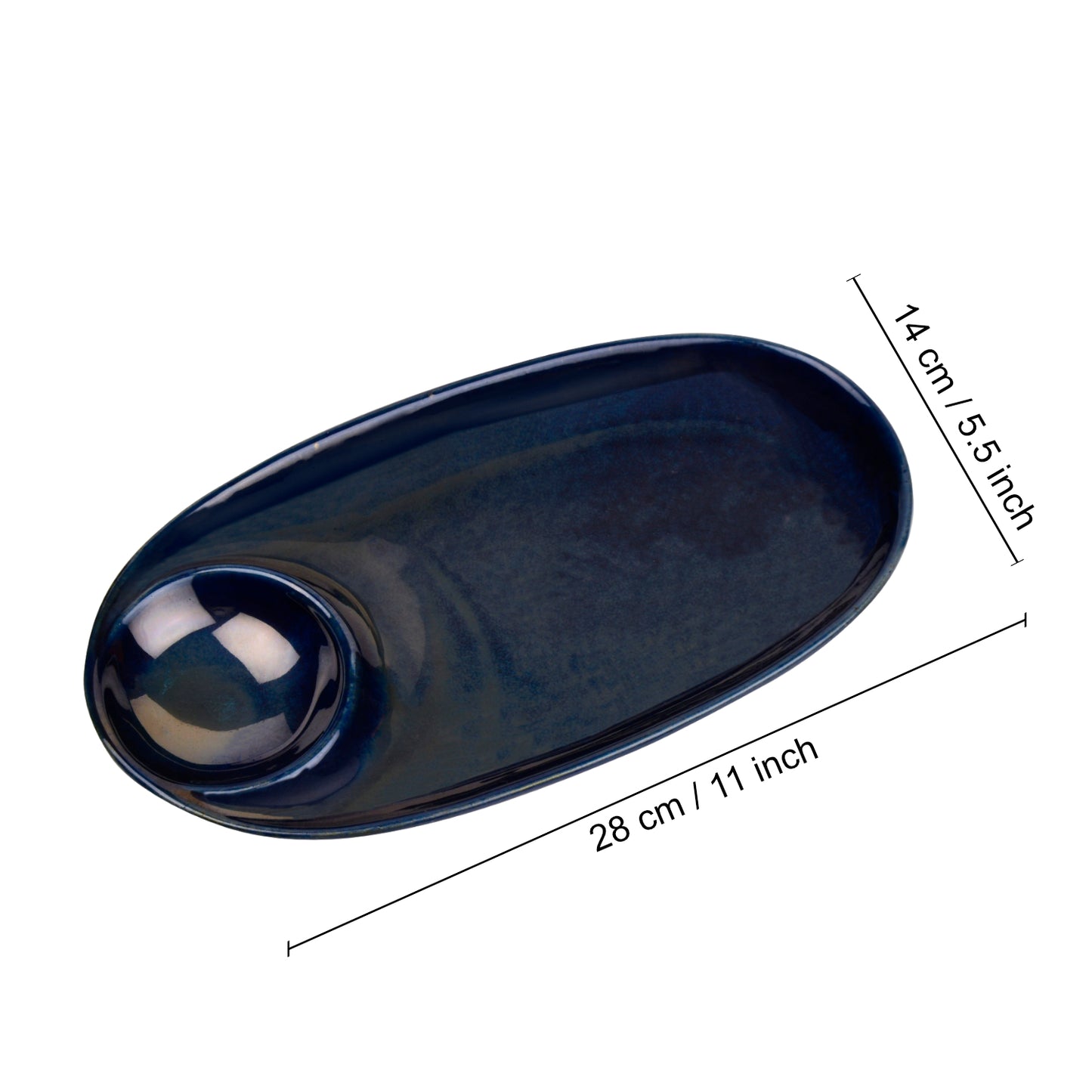 Premium Hand Glazed Ceramic Chip and Dip Platter with Fixed Dip Bowl (Botz Blue, L x B - 28 x 14 cm, 550 gm) - View 4