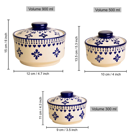 Hand Painted Ceramic Serving Donga with Lid (Set of 3, Blue , 900 ml, 500 ml, 300 ml) - View 2