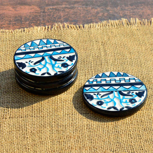 Studio Pottery Ceramic Tea and Coffee Coasters (Set of 4 , Blue and Black) - View 2