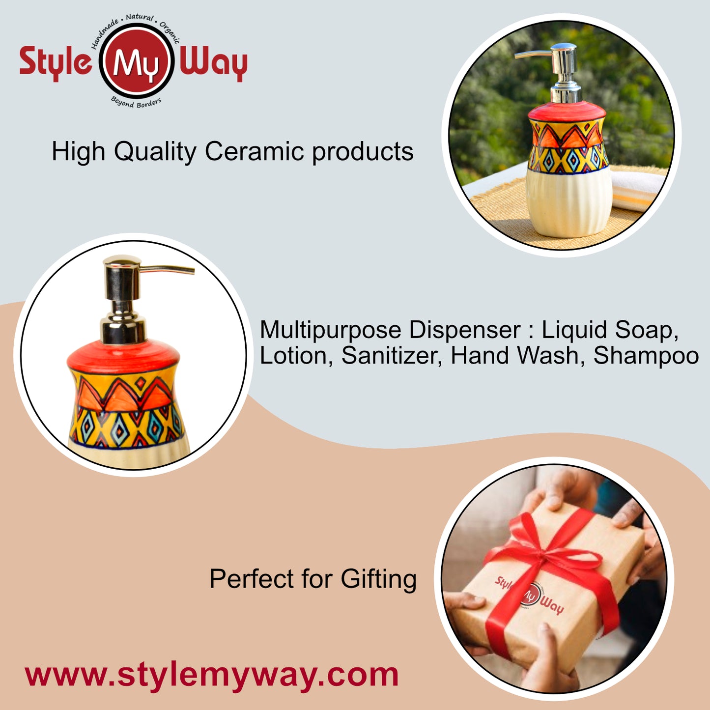 Luxurious Ceramic Hand Painted Liquid Soap Dispenser (Multicolor, L x B x H - 7 x 7 x 18 cm, 400 ml) - View 6