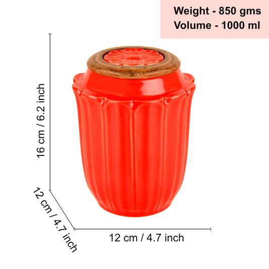 Hand Glazed Multi Utility Storage Airtight Ceramic Jar with Wooden Lid (1000 ml, Peach) - View 2