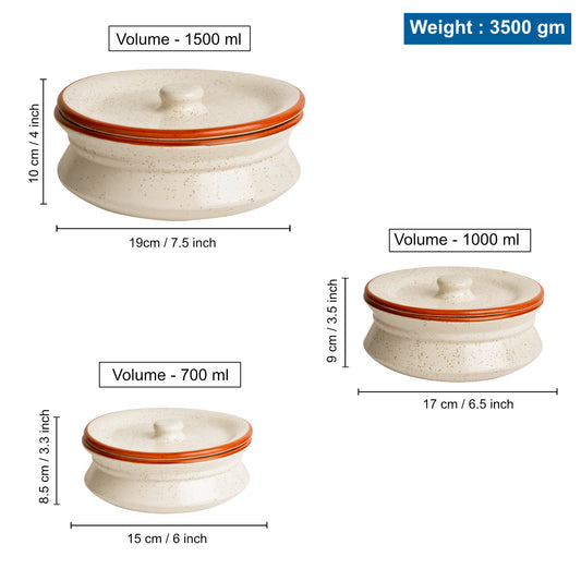 Hand Crafted Ceramic Handi with Lid (Set of 3, 1500 ml, 1000 ml and 700 ml, Off White ) - View 2