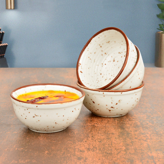 Premium Matte Finish with Brown Rim Ceramic Dinner Bowls (Set of 4, 200 ml, Off White) - View 2
