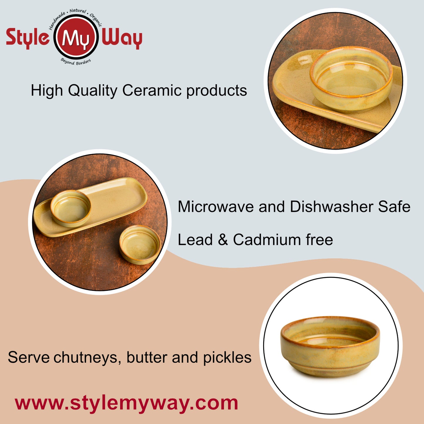 Beautiful Reflective Glaze Ceramic Dip Bowls Set with Tray (Set of 2, Beige) - View 7