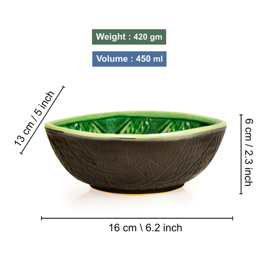 Studio Pottery Almond Shaped Ceramic Nut Bowls (Set of 2, 450 ml each, Green and Black) - View 2