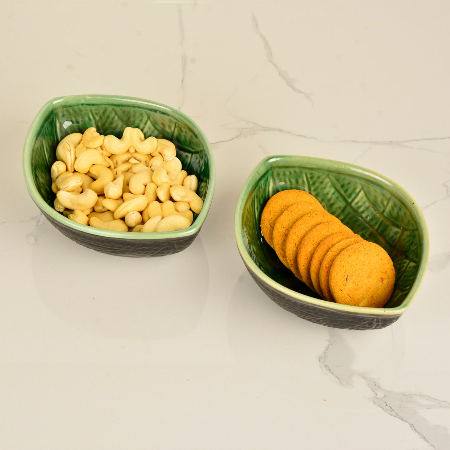 Studio Pottery Almond Shaped Ceramic Nut Bowls (Set of 2, 450 ml each, Green and Black) - View 7
