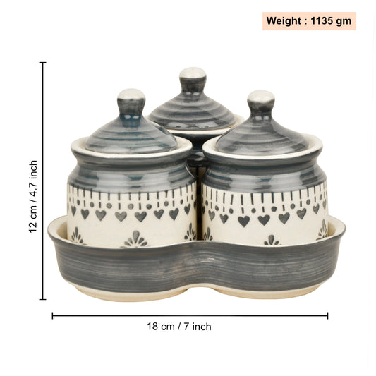 Hand Painted Ceramic Pickle Jar Set with Tray (Set of 3, White and Grey, 200 ml each) - View 2