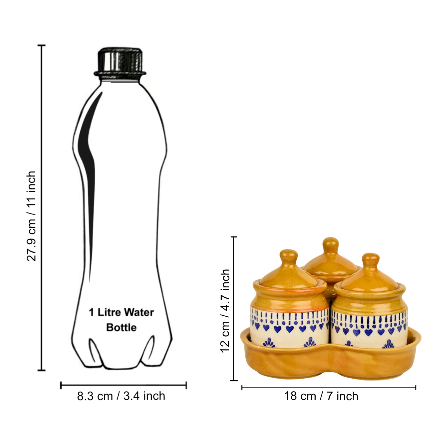 Hand Painted Ceramic Pickle Jar Set with Tray (Set of 3, White and Sand Yellow, 200 ml each) - View 7