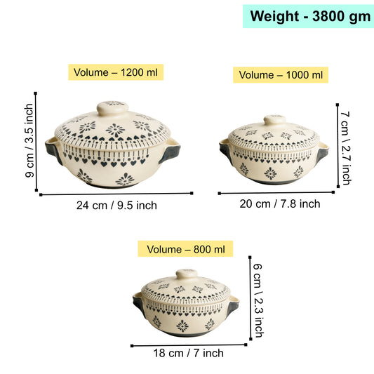 Hand Painted Large Ceramic Serving Donga Set for Kitchen with Lid and Handle (Set of 3, White and Grey, 1200 ml, 1000 ml, 800 ml) - View 2