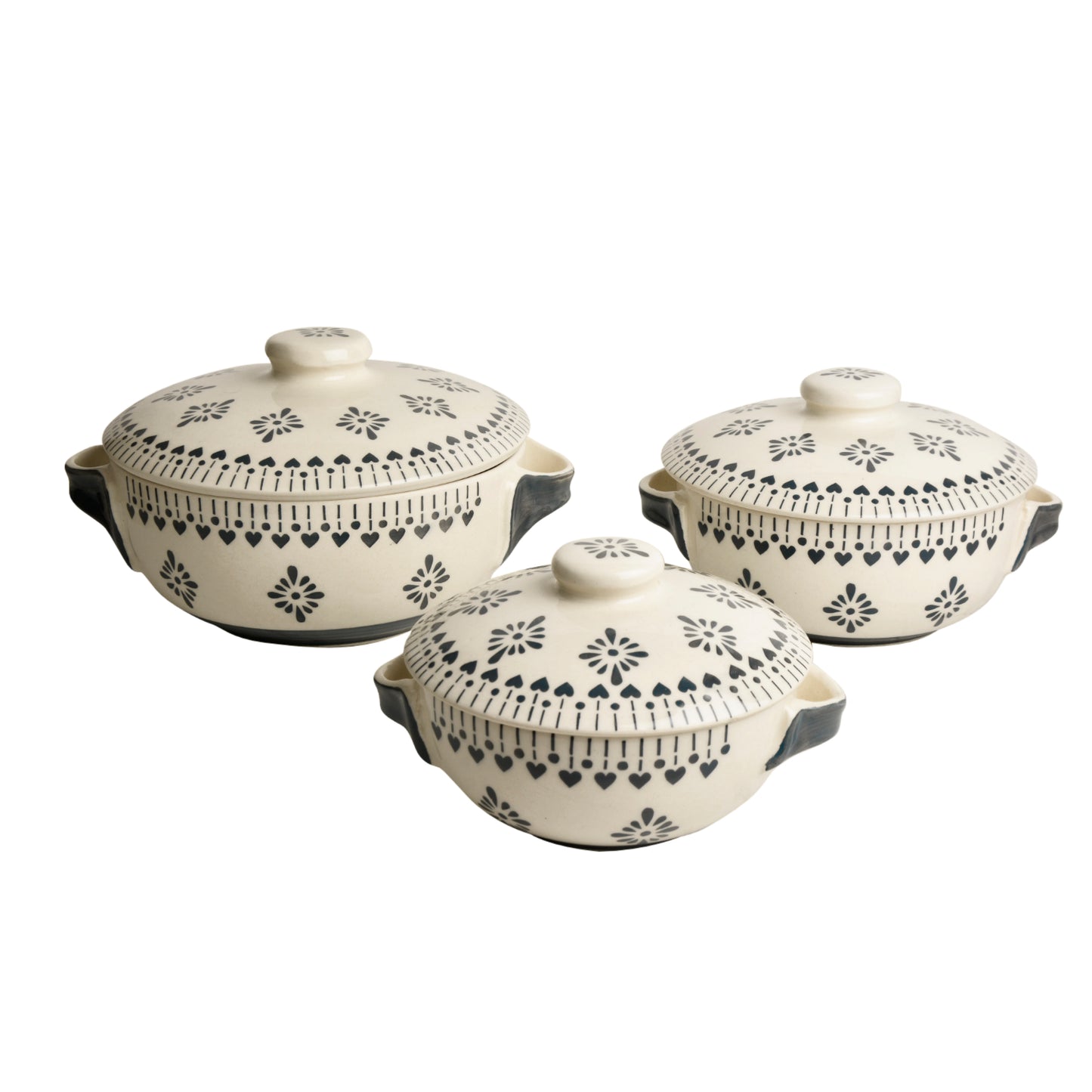Hand Painted Large Ceramic Serving Donga Set for Kitchen with Lid and Handle (Set of 3, White and Grey, 1200 ml, 1000 ml, 800 ml) - View 7