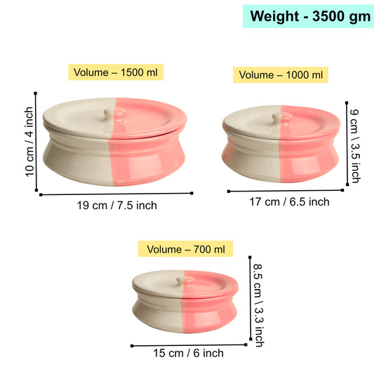 Hand Crafted Ceramic Handi with Lid (Set of 3, 1500 ml, 1000 ml and 700 ml, Off White and Pink) - View 2