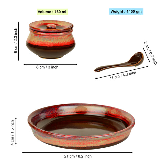 Studio Pottery Ceramic Pickle Serving Handi Set with Spoon and Tray (Set of 3, Red Studio) - View 2