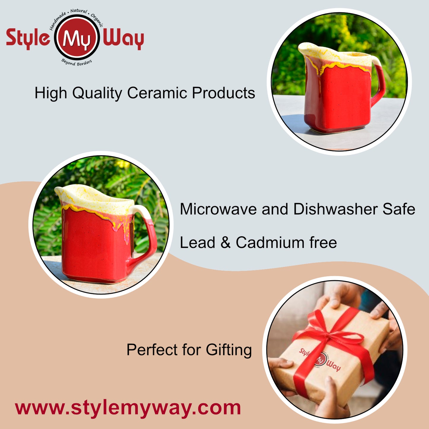 Premium Studio Pottery Square Jug for Serving Water, Juice, Milk for Dining Table (Strawberry Red, 850 ml) - View 6