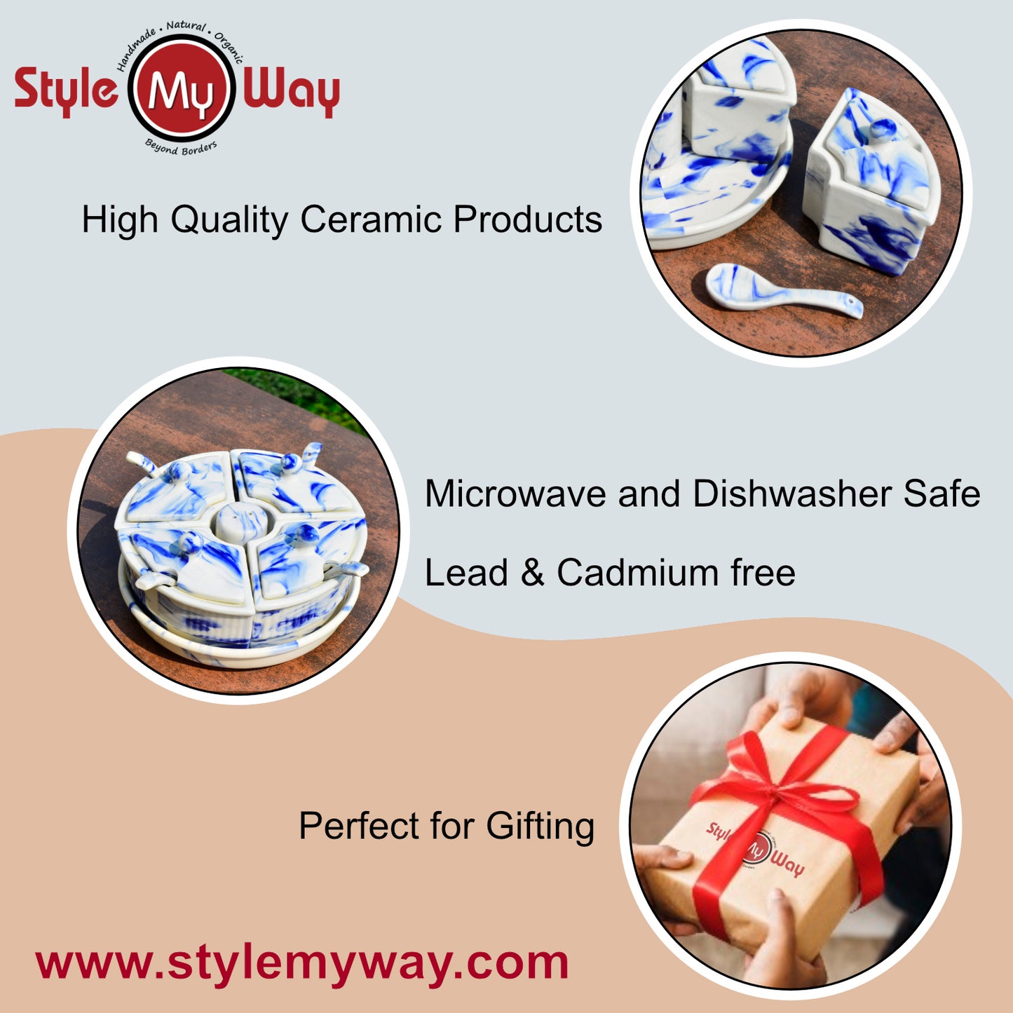 Handpainted Ceramic Pickle Serving Jar Set with Salt Dispenser (4 Jars with Lid and Spoon, 1 Salt Dispenser and Tray, Blue Marble) - View 6