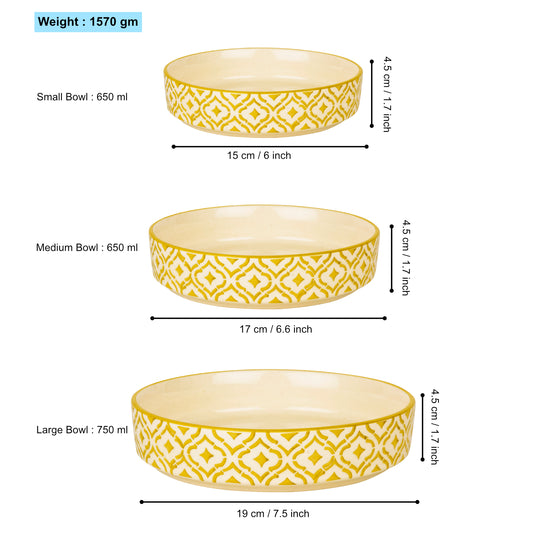 Hand-Painted Ceramic Salad Serving Trays (Set of 3, Yellow & White, Diameter – 19 cm, 17 cm & 15 cm) - View 2