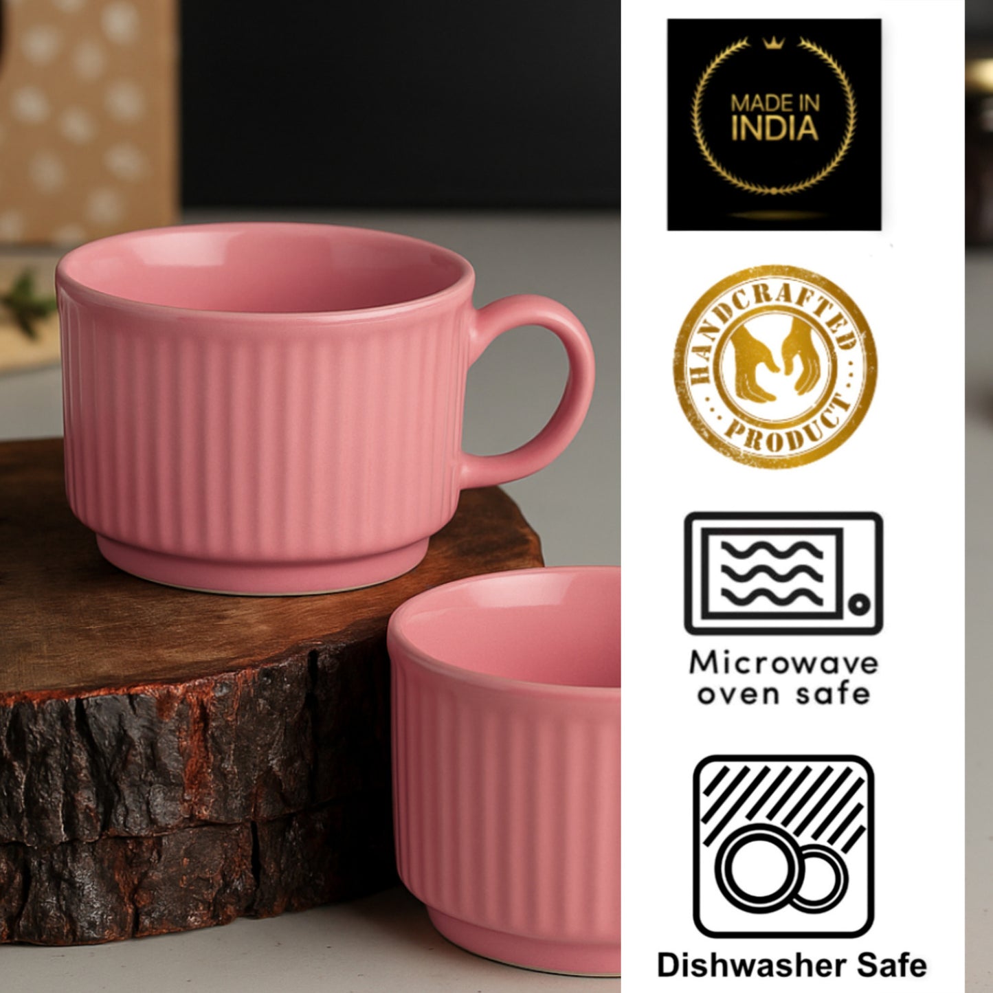 Studio Pottery Stackable Ribbed Ceramic Coffee Mugs (200 ml, Set of 6, Pastel Pink) - View 5