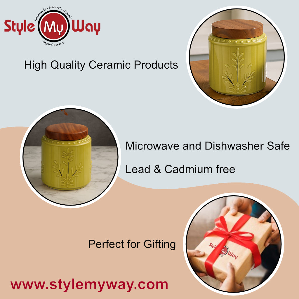 Hand Glazed Multi Utility Embossed Ceramic Jar with Airtight Sheesham Wood Lid ( 500 ml, Olive Green) - View 5