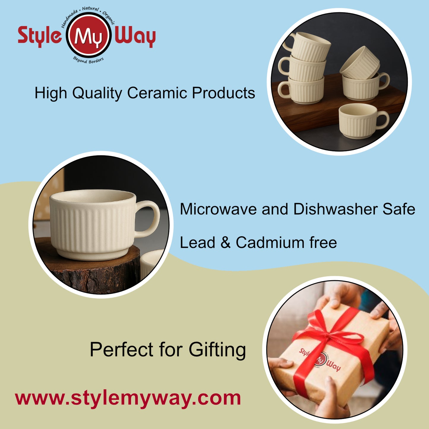 Studio Pottery Stackable Ribbed Ceramic Coffee Mugs (200 ml, Set of 6, Beige) - View 6