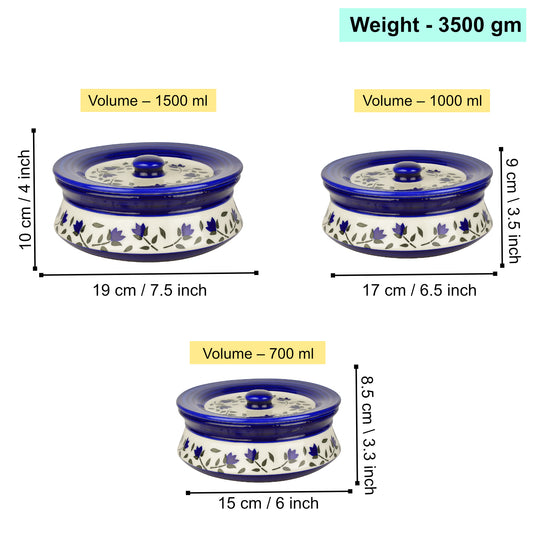 Hand Painted Ceramic Handi with Lid (Set of 3, 1500 ml, 1000 ml and 700 ml, Blue & White ) - View 2