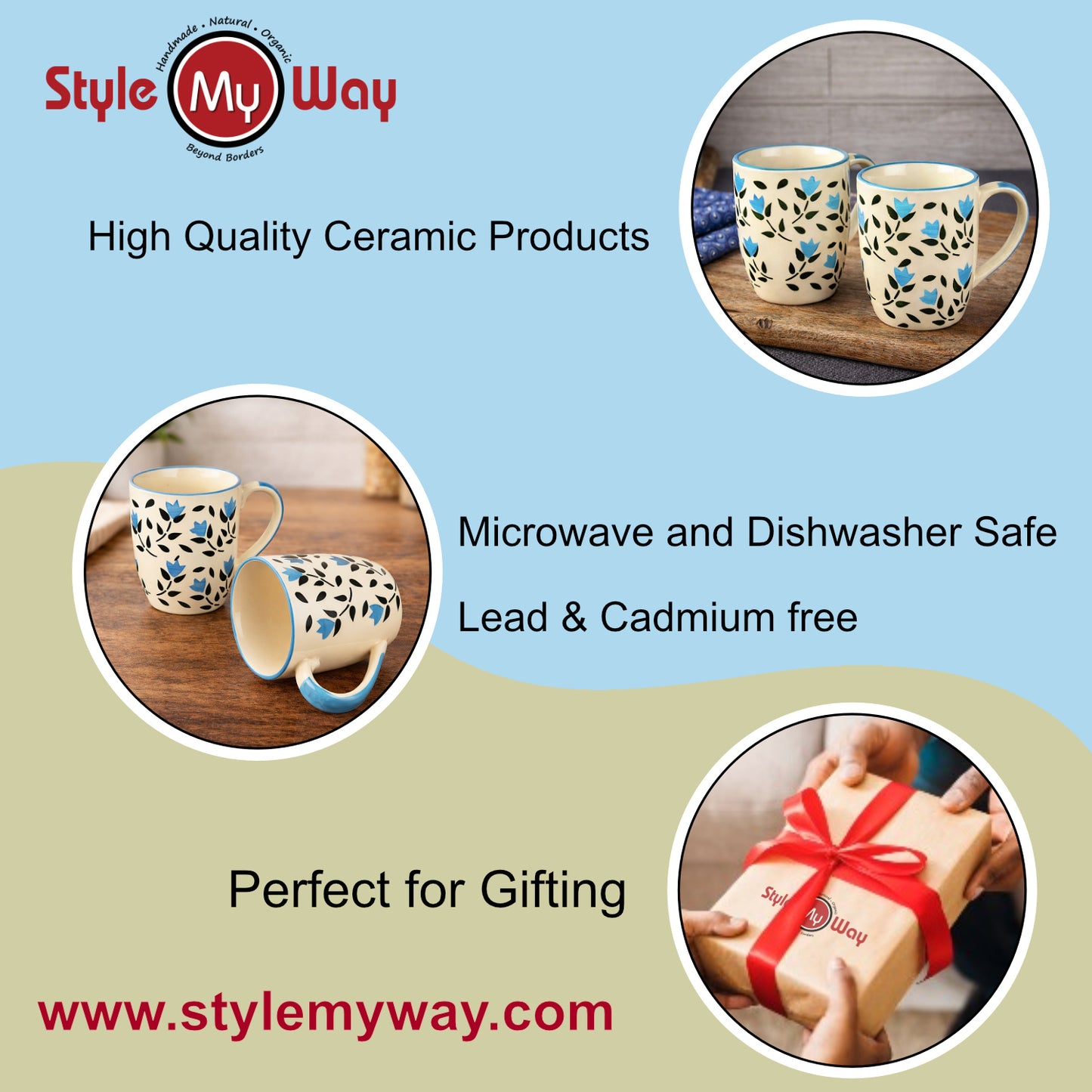 Hand Painted Ceramic Jumbo Coffee Mugs (450 ml, Blue & Black Floral, Set of 2) - View 6