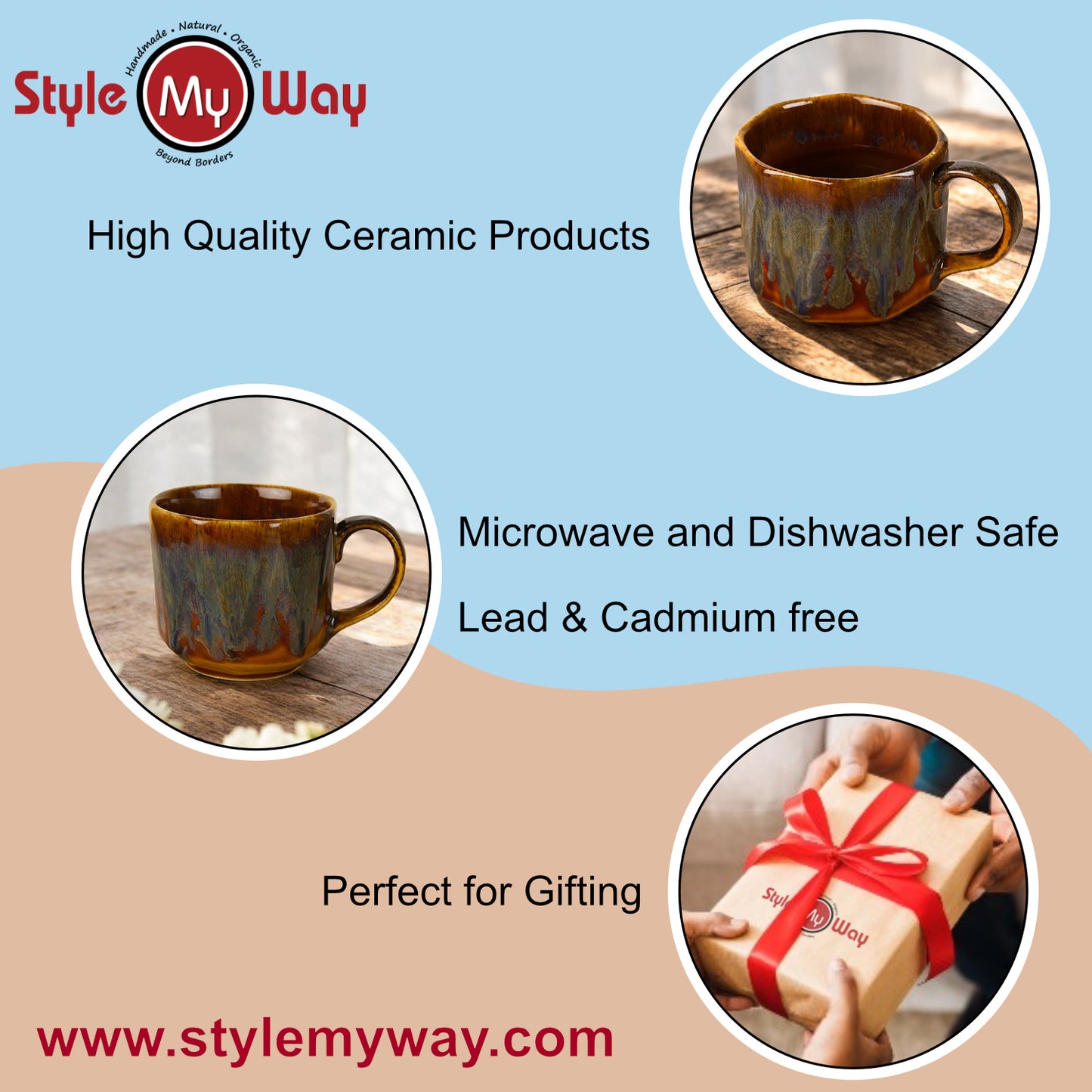 Studio Pottery Ceramic Bowl / Mug with Handle (450 ml , Brown Rustic Reactive Glaze) - View 5