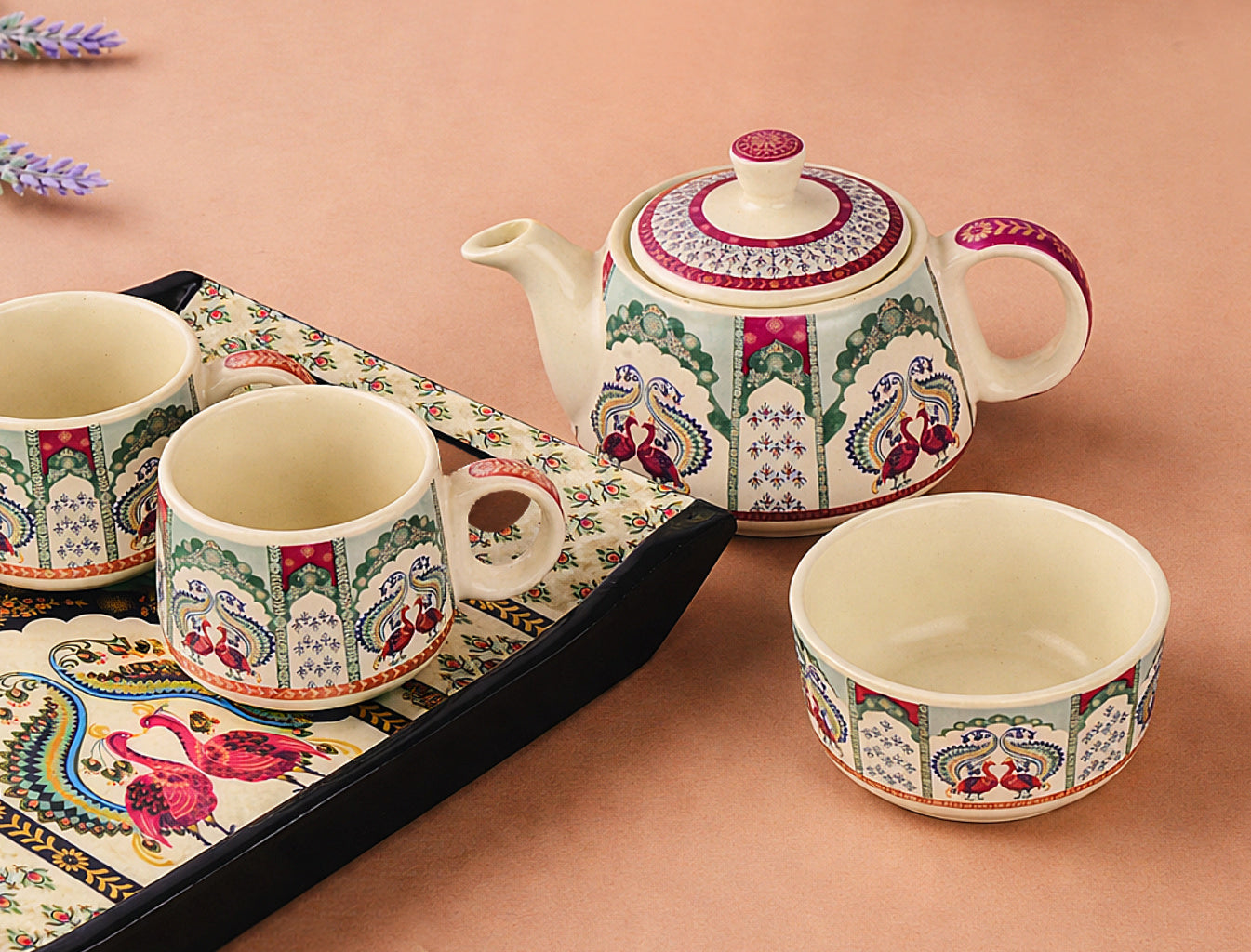 Premium Peacock Print Ceramic Tea Set for 2 - View 7