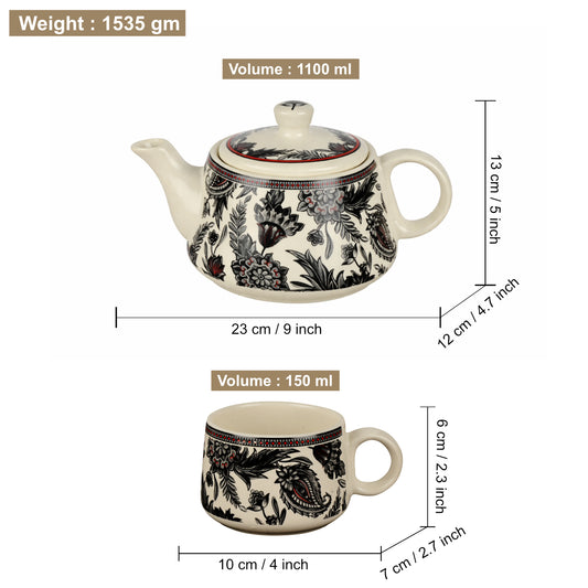 Black Floral Printed Designer Ceramic Tea Set (1 Kettle, 6 Cups, Black & White) - View 2