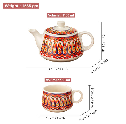Multicolor Ethnic Printed Designer Ceramic Tea Set (1 Kettle, 6 Cups, Multicolor) - View 2