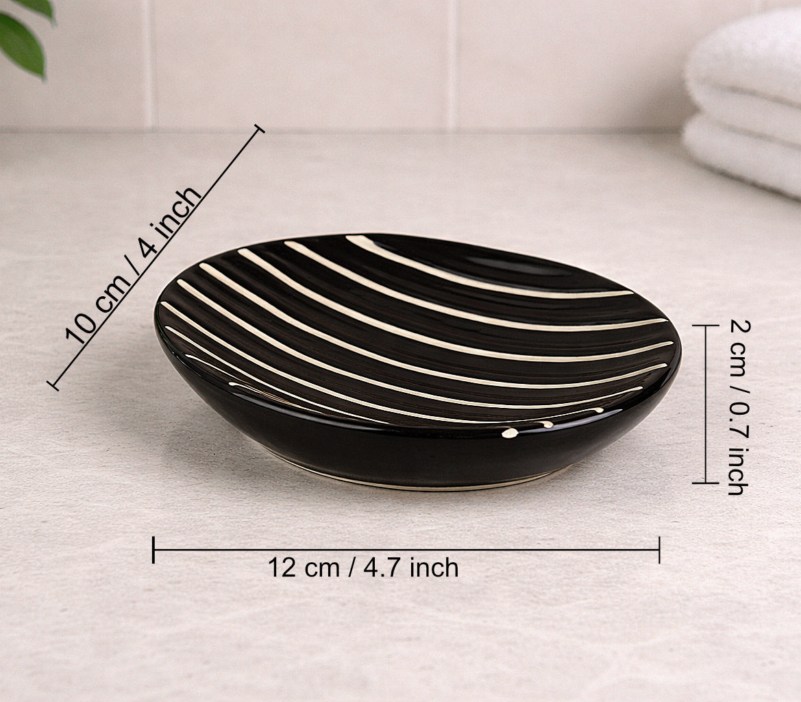 Ceramic Bathroom Set (Black Glossy Ribbed Design, 450 ml Soap Dispenser with Rust Proof Pump, Tumbler & Soap Dish - View 5