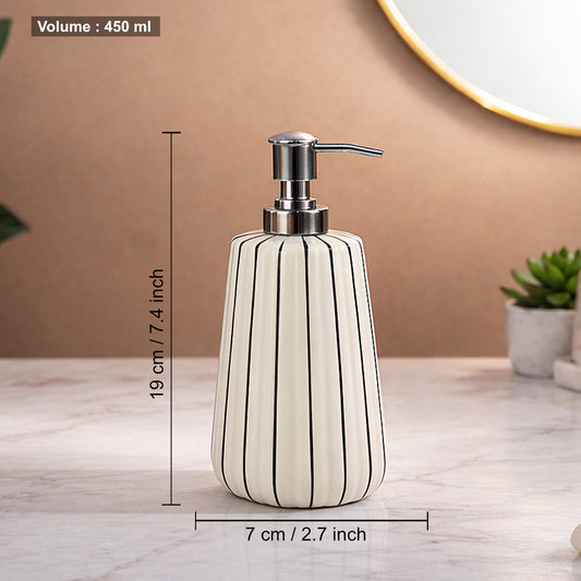 Ceramic Bathroom Set (White Glossy Ribbed Design, 450 ml Soap Dispenser with Rust Proof Pump, Tumbler & Soap Dish - View 2