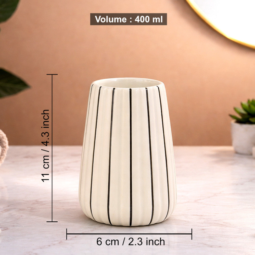 Ceramic Bathroom Set (White Glossy Ribbed Design, 450 ml Soap Dispenser with Rust Proof Pump, Tumbler & Soap Dish - View 5