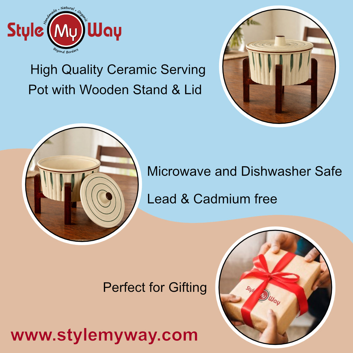 Ceramic Serving Donga with Lid & Wooden Stand (1300 ml, Cream & Green Leaf) - View 6