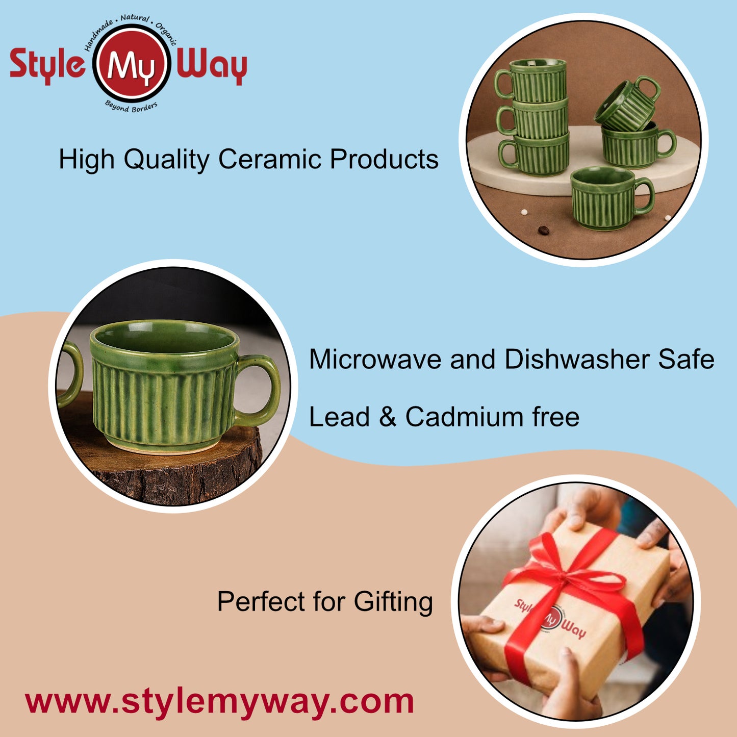 Ceramic Ribbed Tea & Coffee Mugs (200 ml, Set of 6, Green) - View 6